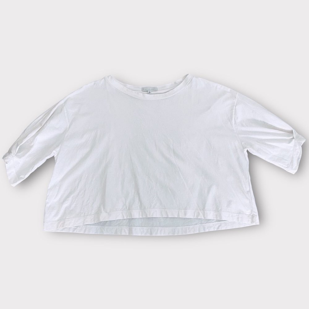 Le Lis Blanc Deux Women’s Top Boxy Crop Folded Elbow Length Sleeve Crisp White